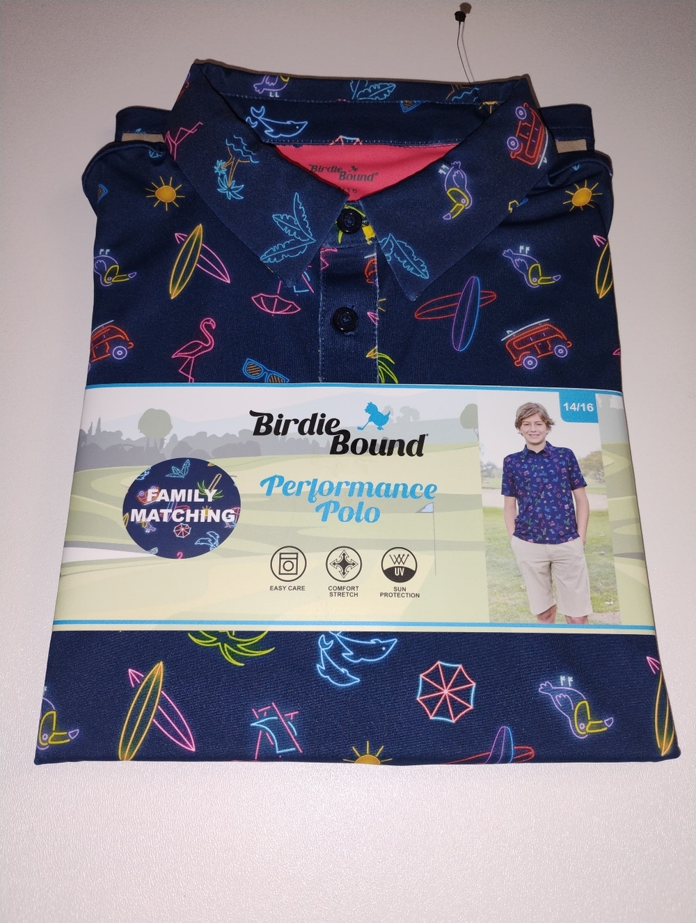 Birdie Bound Kids' Navy Performance Polo  Neon Beach All Over Print New 14/16